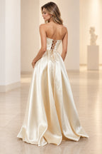 Refined Satin Look A Line Scoop Neck Strapless Long Prom Dress