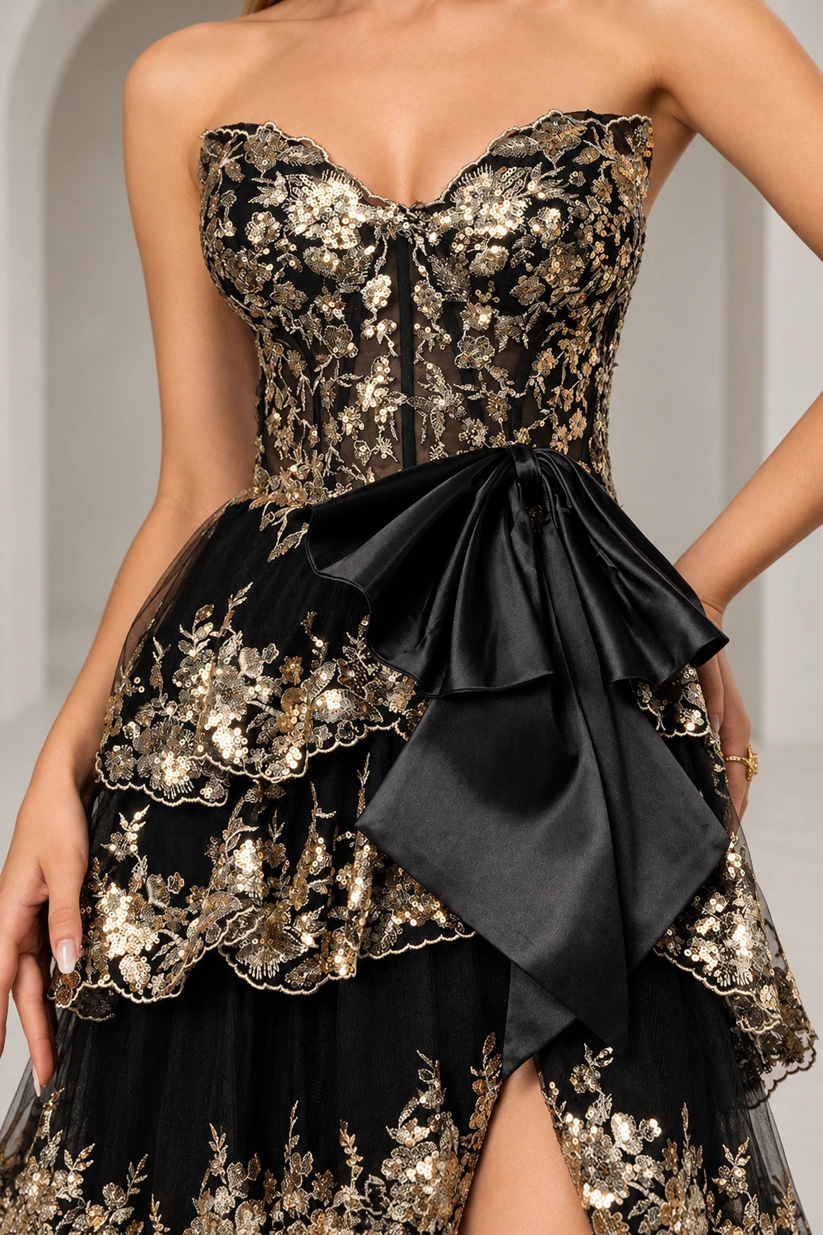 Gorgeous Tulle A-Line Strapless Sweetheart Sequin Corset Tie Back Tiered Ruffle Long Prom Dress