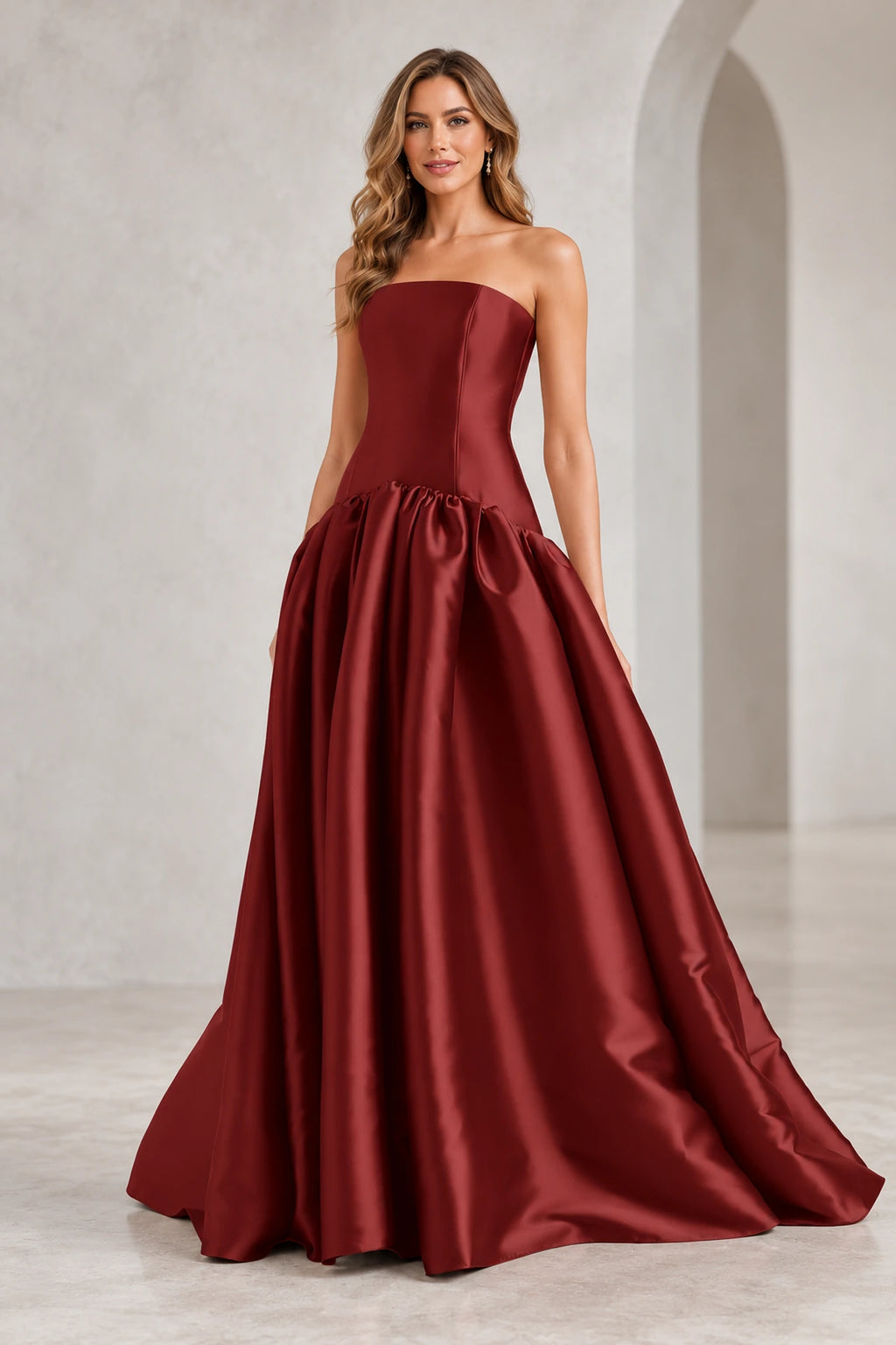 Romantic A Line Straight Neck Strapless Drop Waist Long Prom Dress