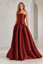 Romantic A Line Straight Neck Strapless Drop Waist Long Prom Dress