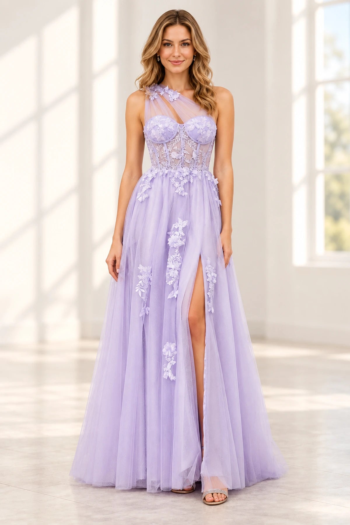 Romantic Tulle A Line Sweetheart One Shoulder Floral Long Prom Dress