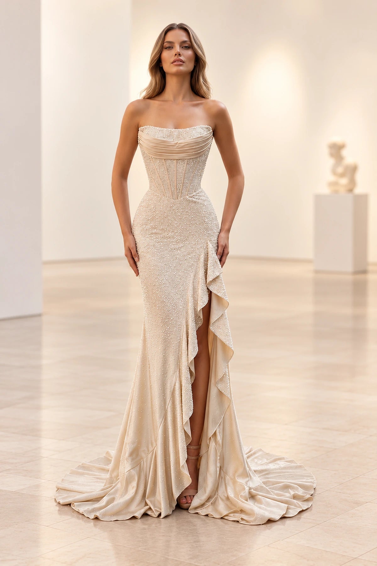 Glamorous Beaded Mermaid Strapless Draped Corset Lace-Up Back Long Prom Dress