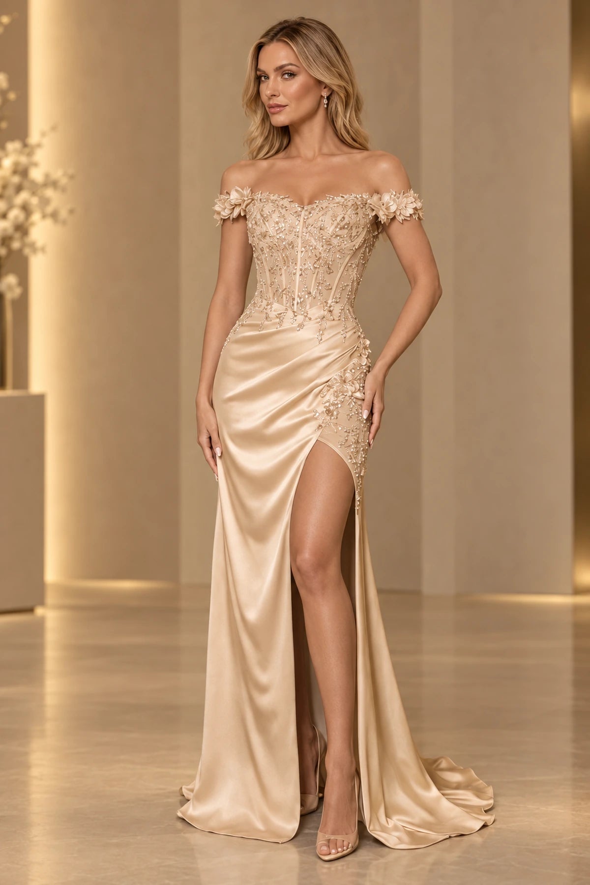 Elegant Satin Mermaid Off Shoulder Floral Applique Corset Lace-Up Back Prom Dress