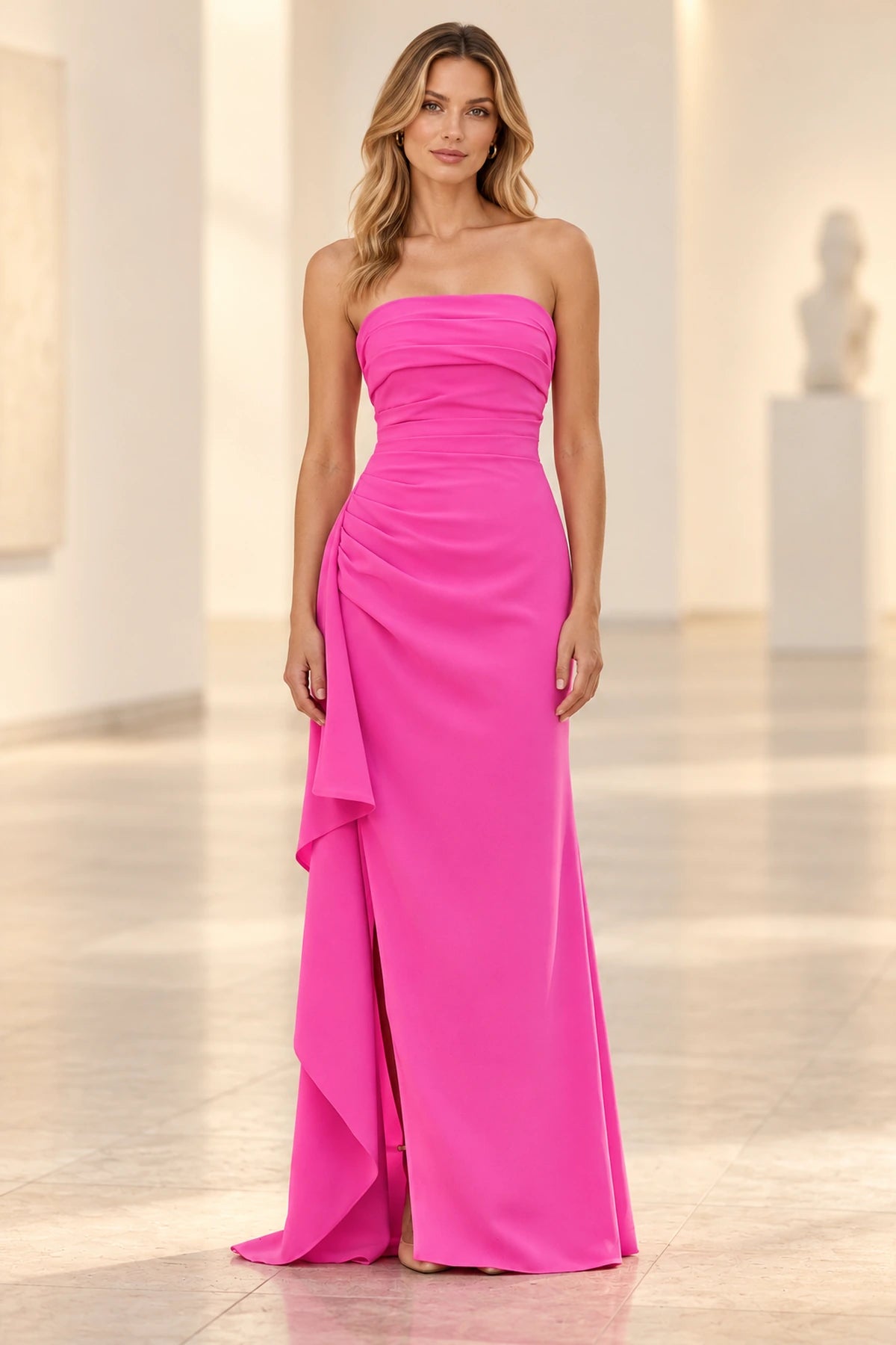 Elegant Satin Sheath Straight Neck Strapless Lace-Up Back Long Prom Dress