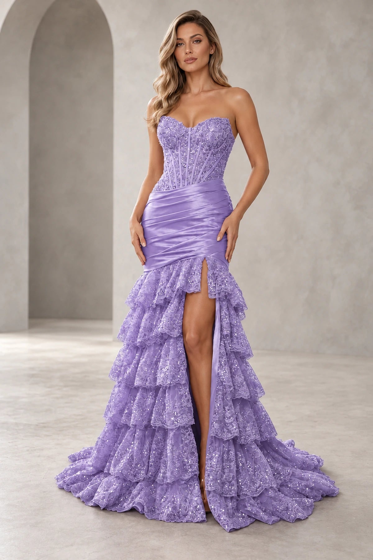 Glamorous Sequin Mermaid Sweetheart Strapless Corset Ruffle Prom Dress