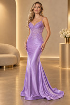 Elegant Satin Mermaid V-Neck Spaghetti Strap Lace-Up Back Long Prom Dress
