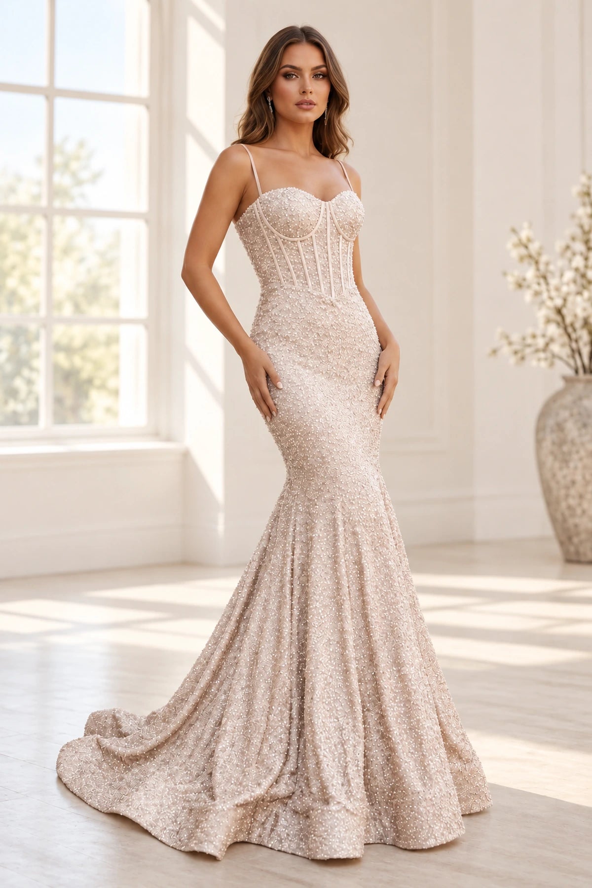 Glamorous Sequin Mermaid Sweetheart Spaghetti Strap Corset Lace-Up Back Prom Dress