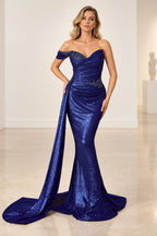 Glamorous Sequin Mermaid Sweetheart Asymmetric-Sleeve V-Back Floor-Length Prom Dress