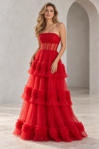 Dreamy Tulle A Line Straight Neck Strapless Tiered Long Prom Dress