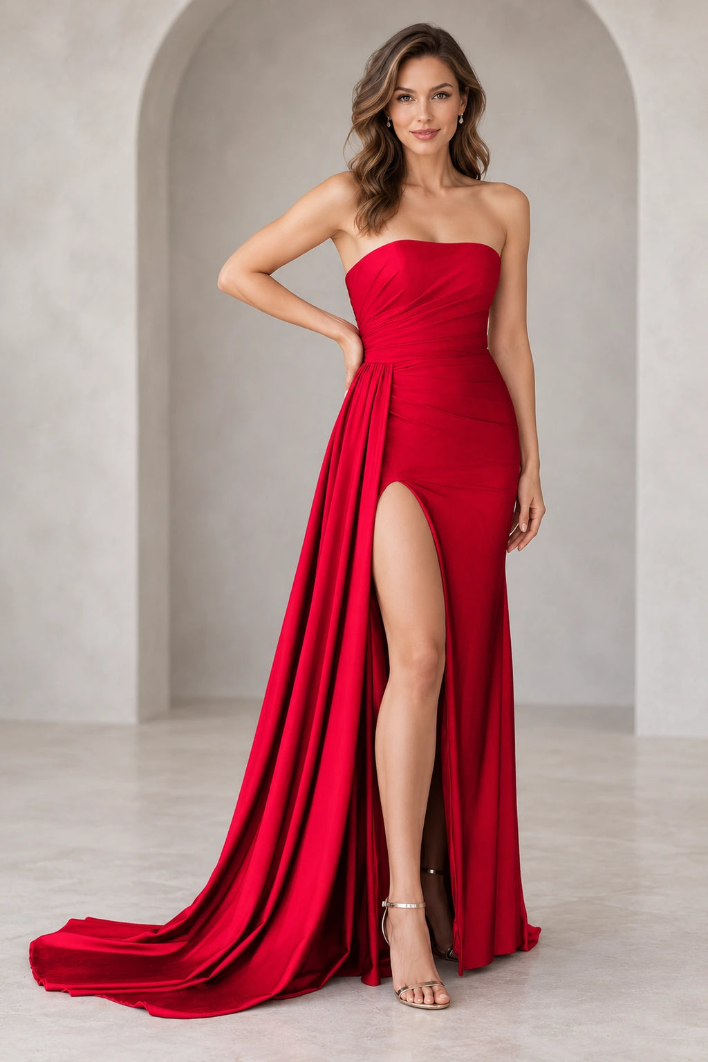 Radiant Satin Look Sheath Straight Neck Strapless Draped Long Prom Dress