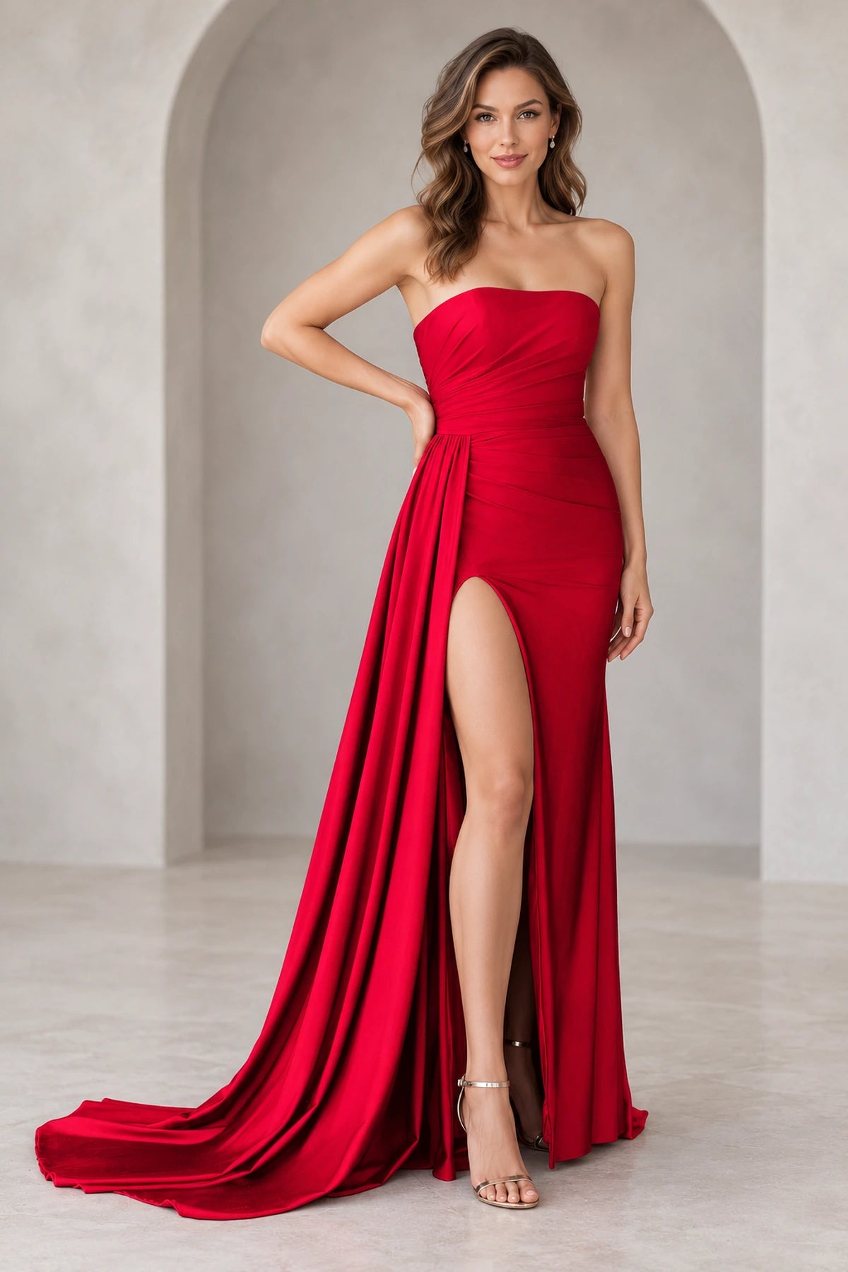 Radiant Satin Look Sheath Straight Neck Strapless Draped Long Prom Dress