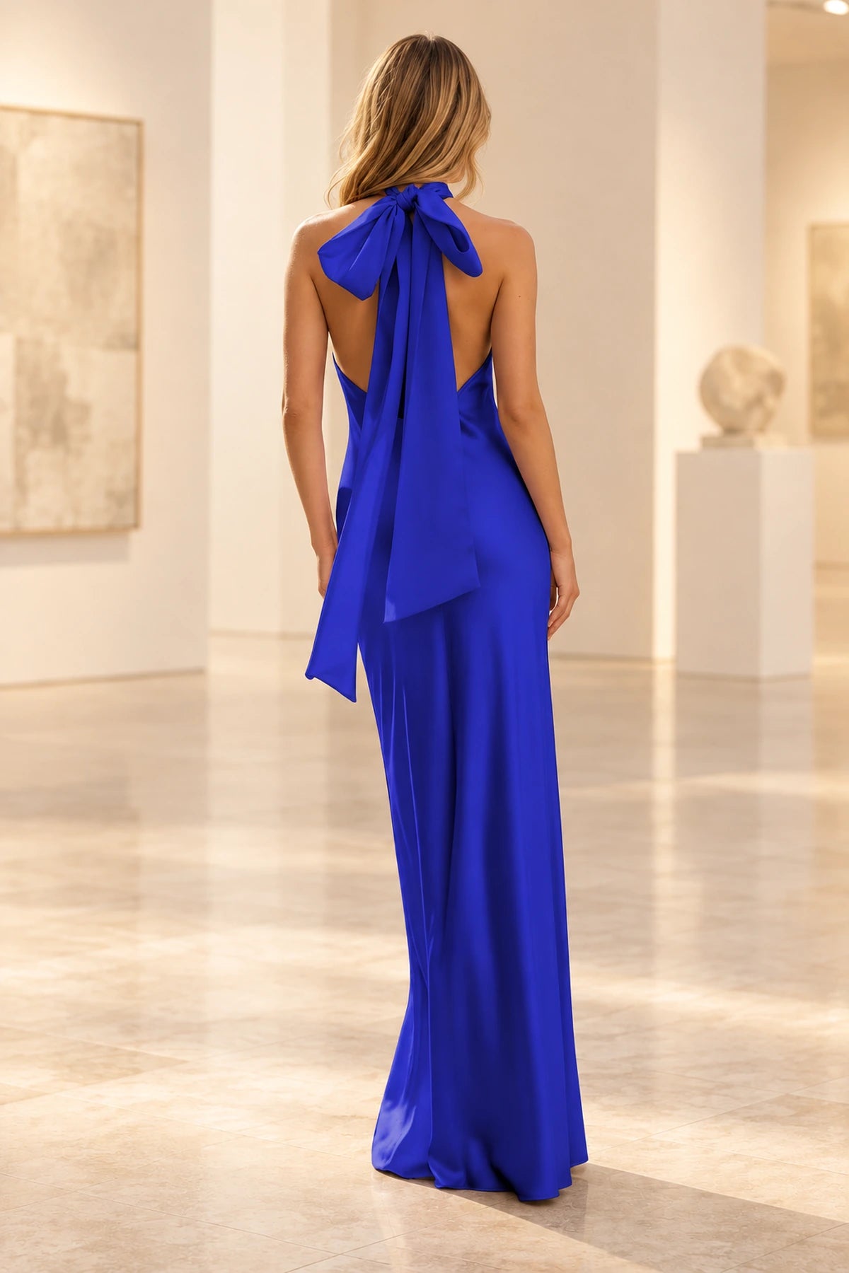 Elegant Satin Sheath Halter Sleeveless Bow-Back Floor-Length  Prom Dress