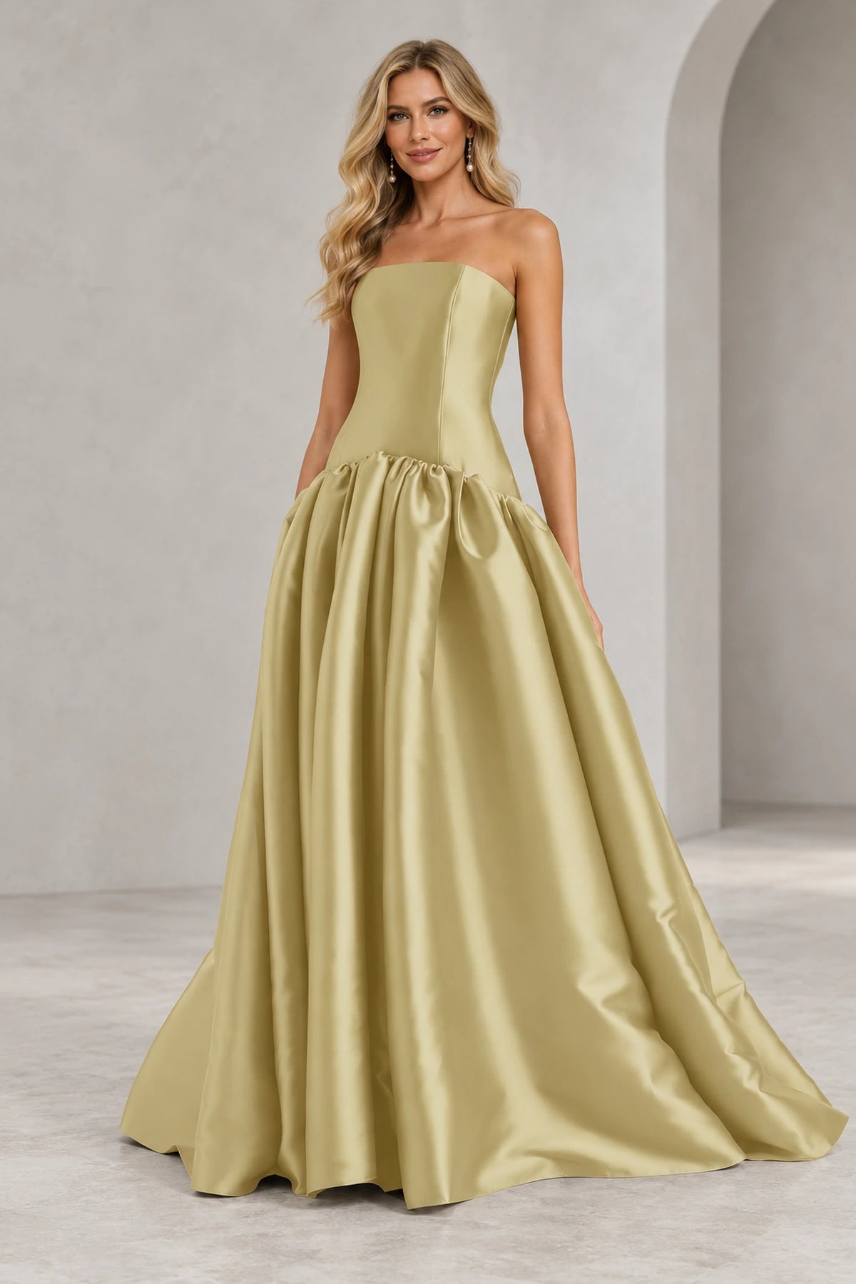 Romantic A Line Straight Neck Strapless Drop Waist Long Prom Dress