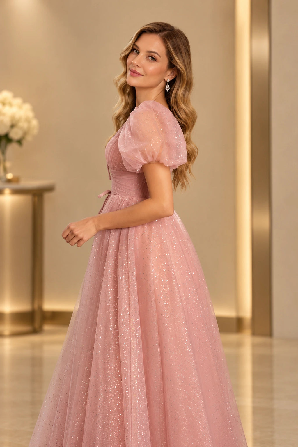 Dreamy A Line V Neck Puff Sleeve Lace Up Prom Dress