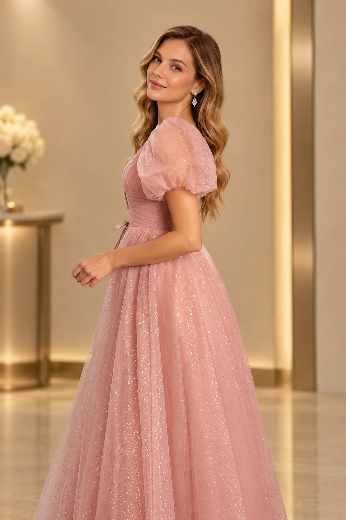 Dreamy A Line V Neck Puff Sleeve Lace Up Prom Dress