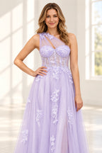 Romantic Tulle A Line Sweetheart One Shoulder Floral Long Prom Dress
