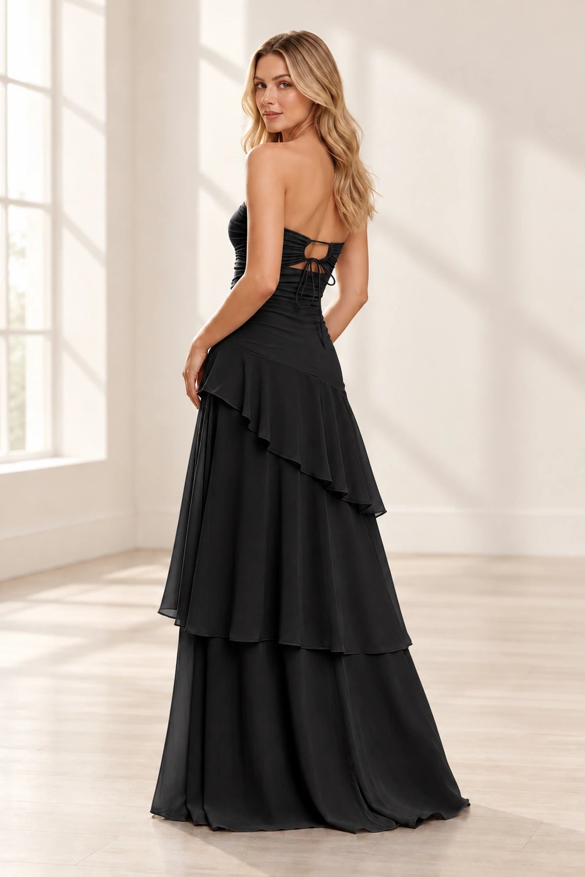 Elegant Chiffon A-Line Sweetheart Strapless Ruched Lace-Up Back Long Prom Dress