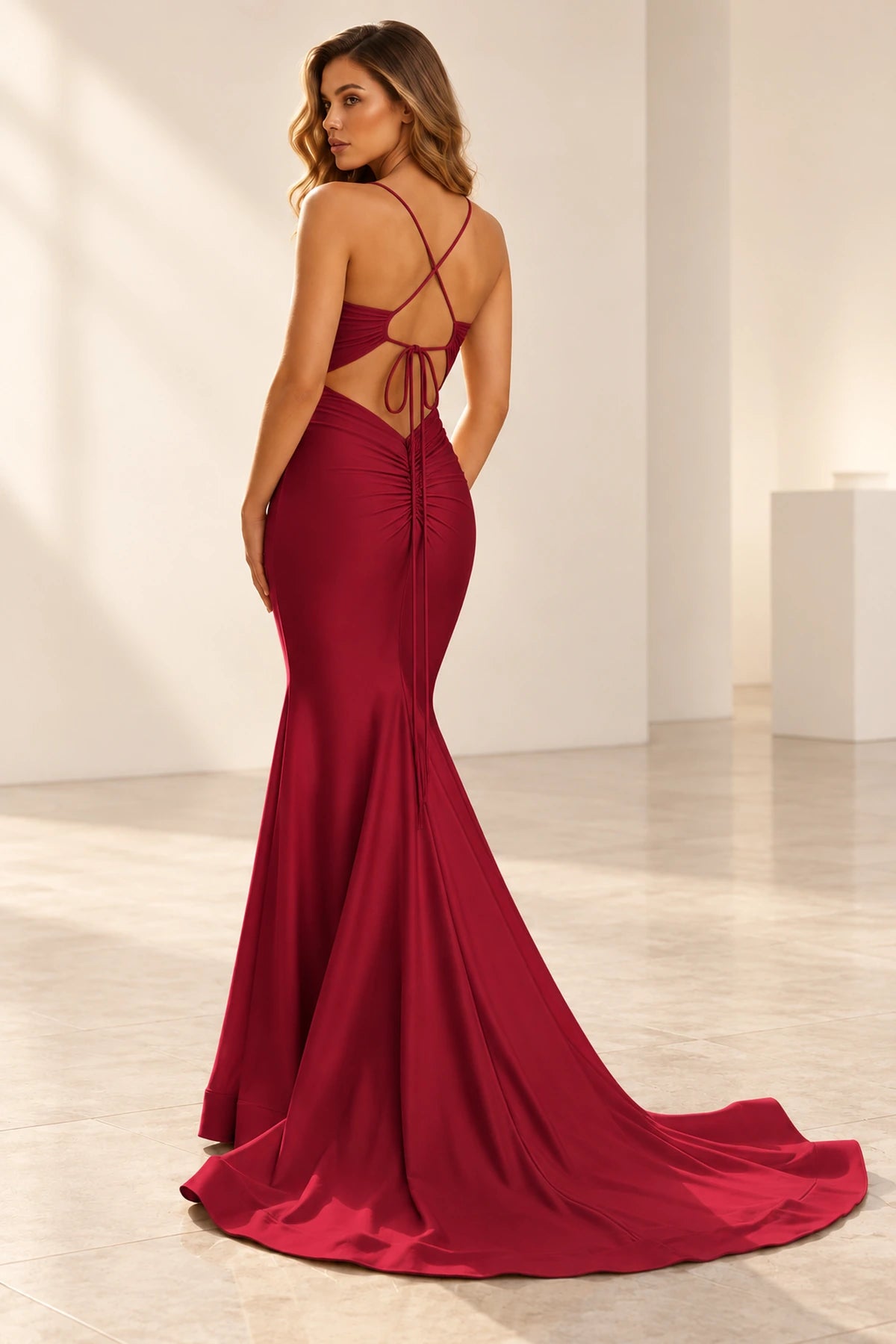 Elegant Satin Mermaid V-Neck Spaghetti Strap Crisscross Back Long Prom Dress
