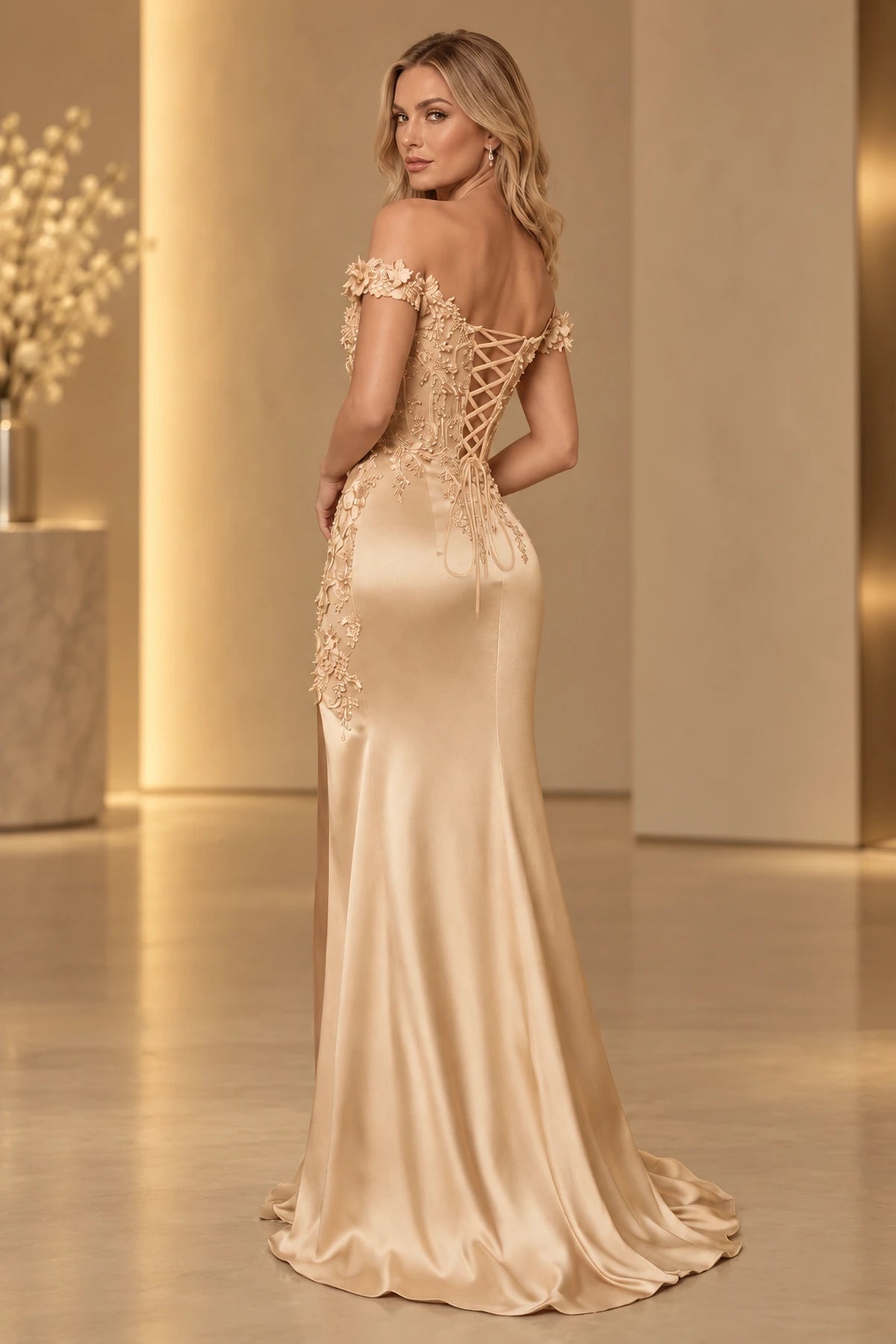 Elegant Satin Mermaid Off Shoulder Floral Applique Corset Lace-Up Back Prom Dress