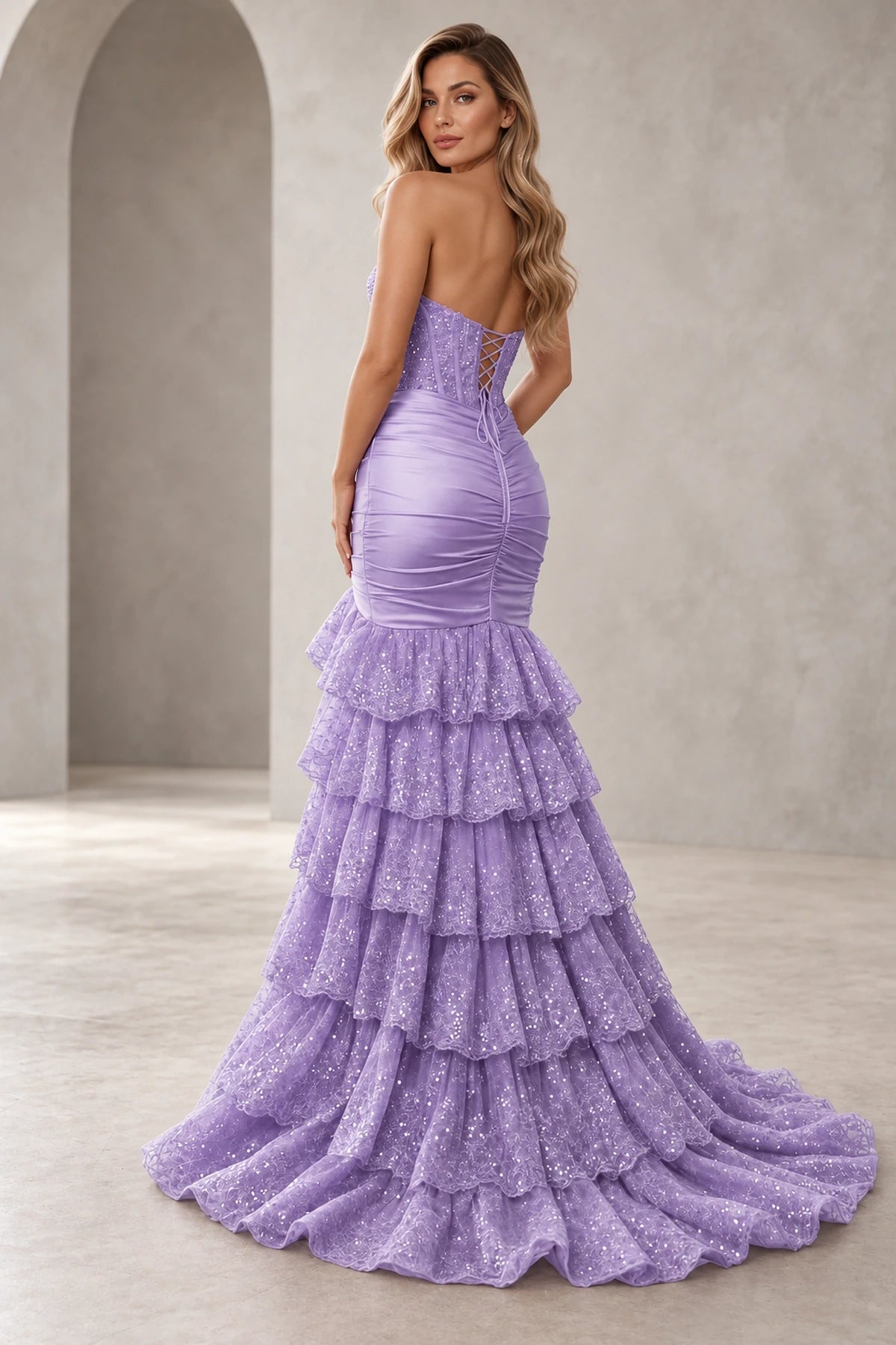 Glamorous Sequin Mermaid Sweetheart Strapless Corset Ruffle Prom Dress