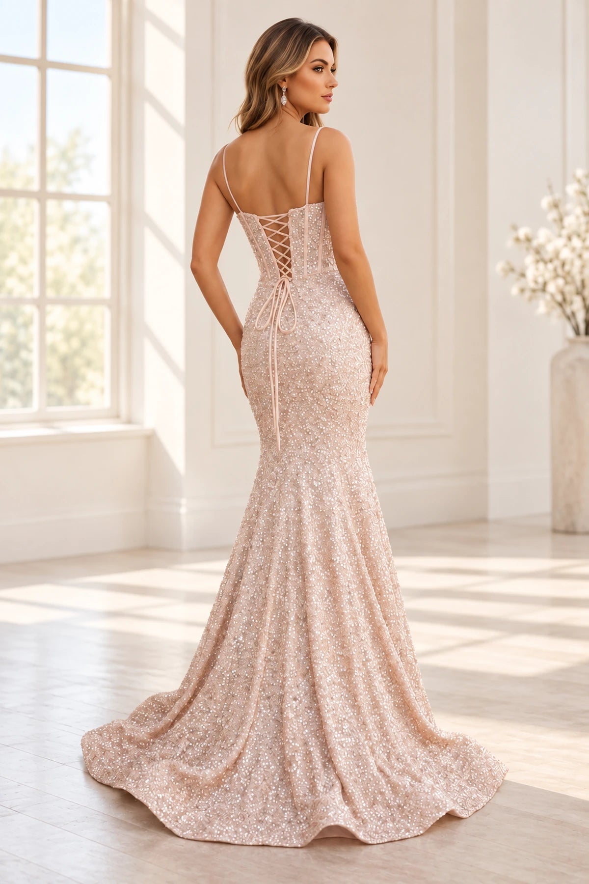 Glamorous Sequin Mermaid Sweetheart Spaghetti Strap Corset Lace-Up Back Prom Dress