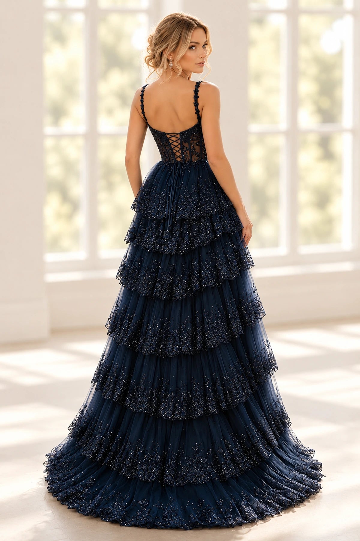 Elegant Tulle Floral Lace A-Line Sweetheart Corset Lace-Up Back Prom Dress