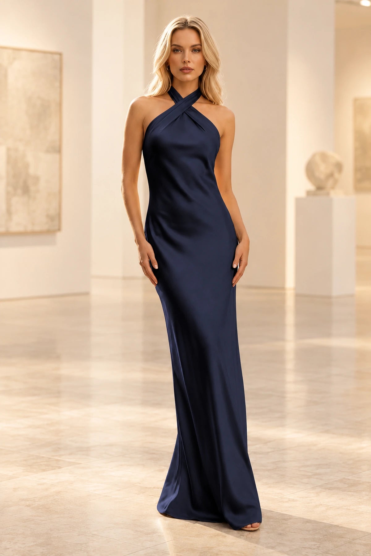 Elegant Satin Sheath Halter Sleeveless Bow-Back Floor-Length  Prom Dress