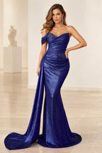 Glamorous Sequin Mermaid Sweetheart Asymmetric-Sleeve V-Back Floor-Length Prom Dress
