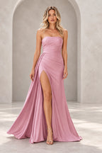 Radiant Satin Look Sheath Straight Neck Strapless Draped Long Prom Dress