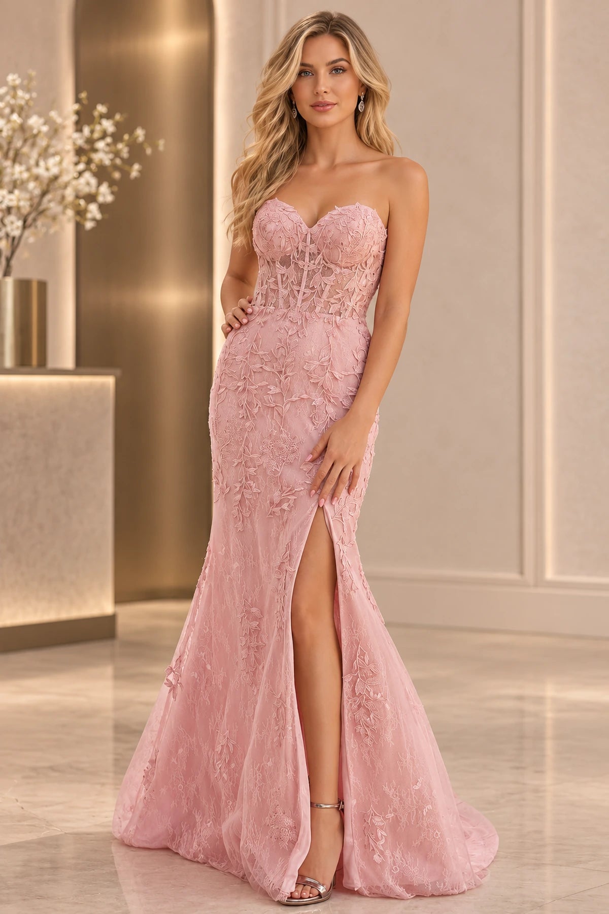 Elegant Lace Applique Mermaid Sweetheart Strapless Corset Lace-Up Back Long Prom Dress