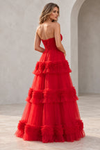 Dreamy Tulle A Line Straight Neck Strapless Tiered Long Prom Dress