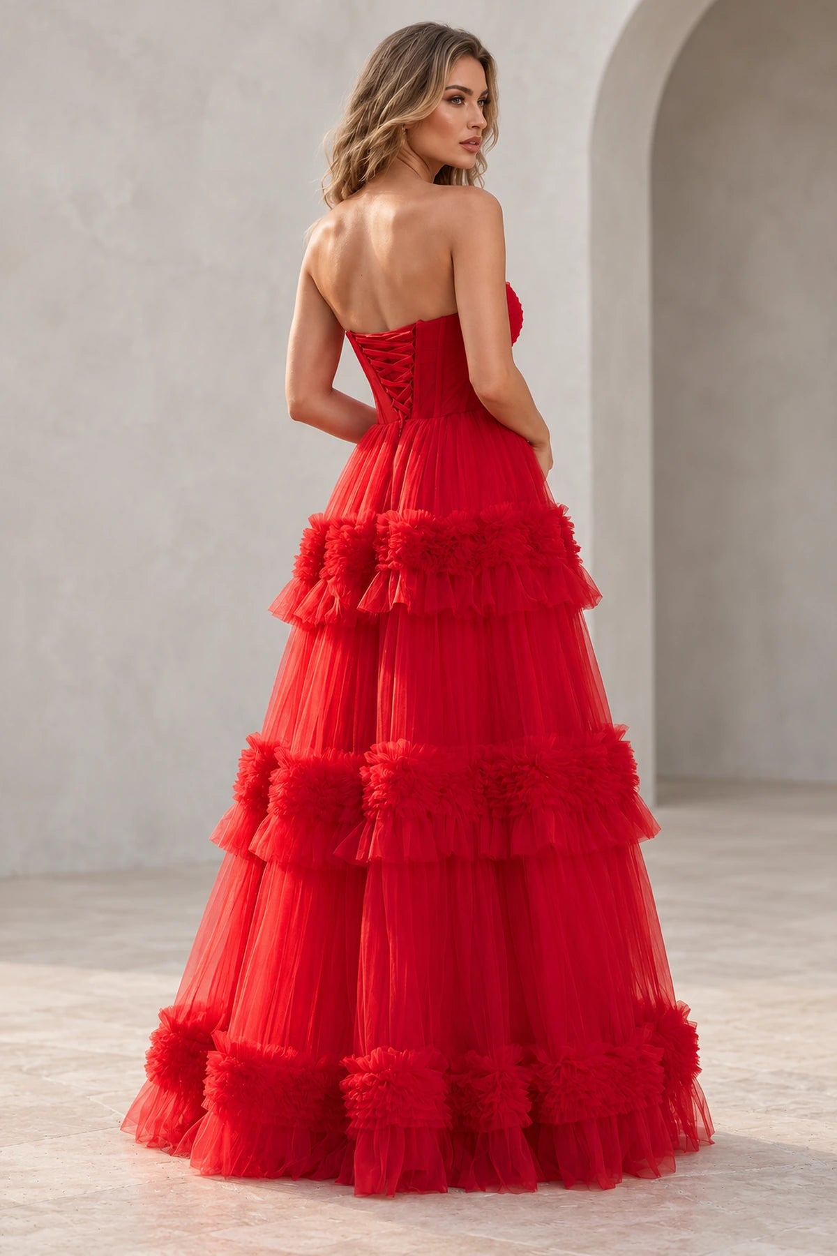 Dreamy Tulle A Line Straight Neck Strapless Tiered Long Prom Dress