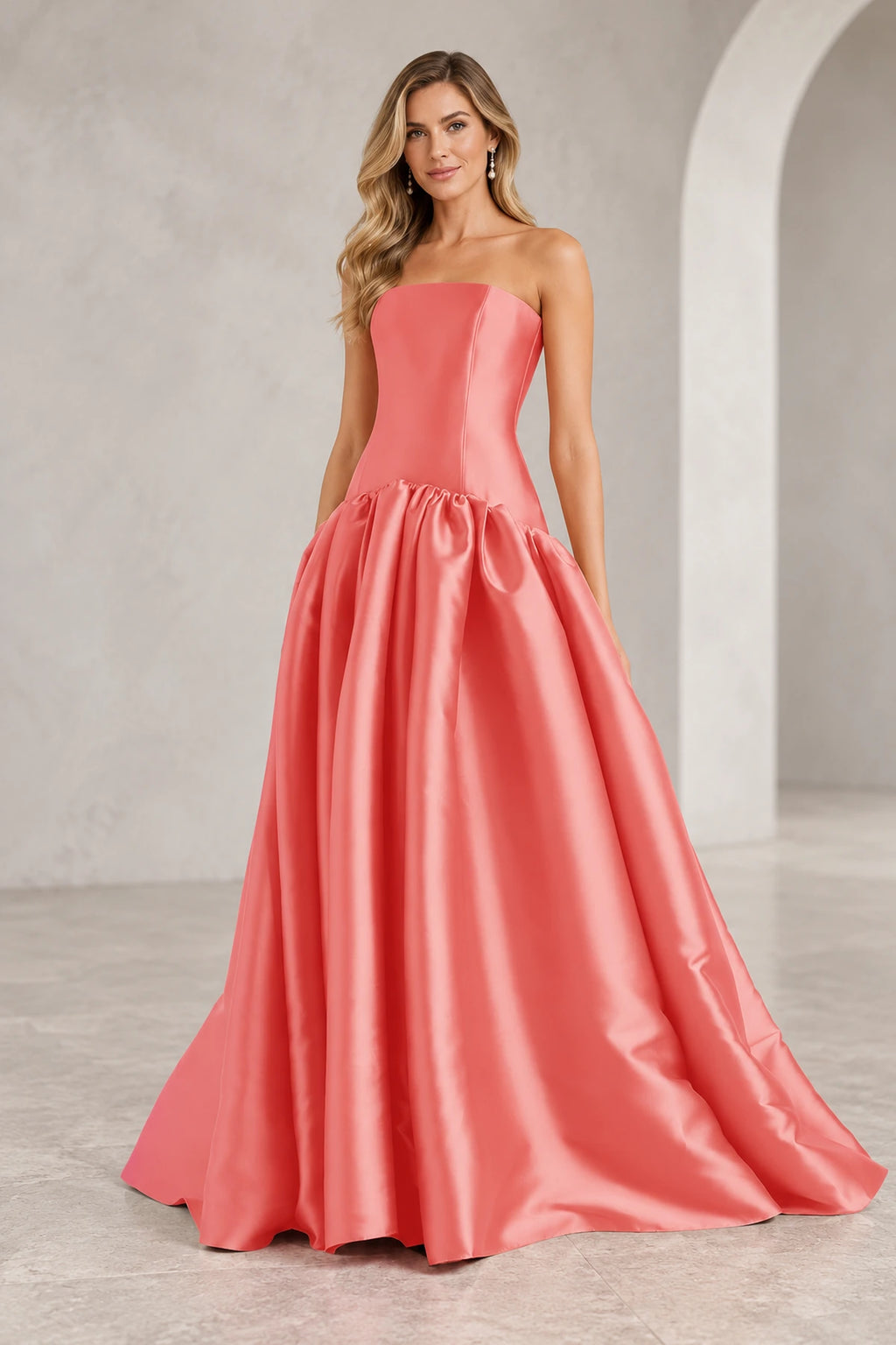 Romantic A Line Straight Neck Strapless Drop Waist Long Prom Dress
