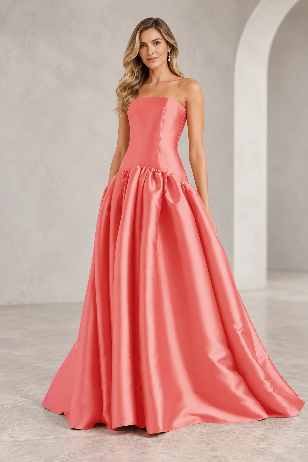 Romantic A Line Straight Neck Strapless Drop Waist Long Prom Dress