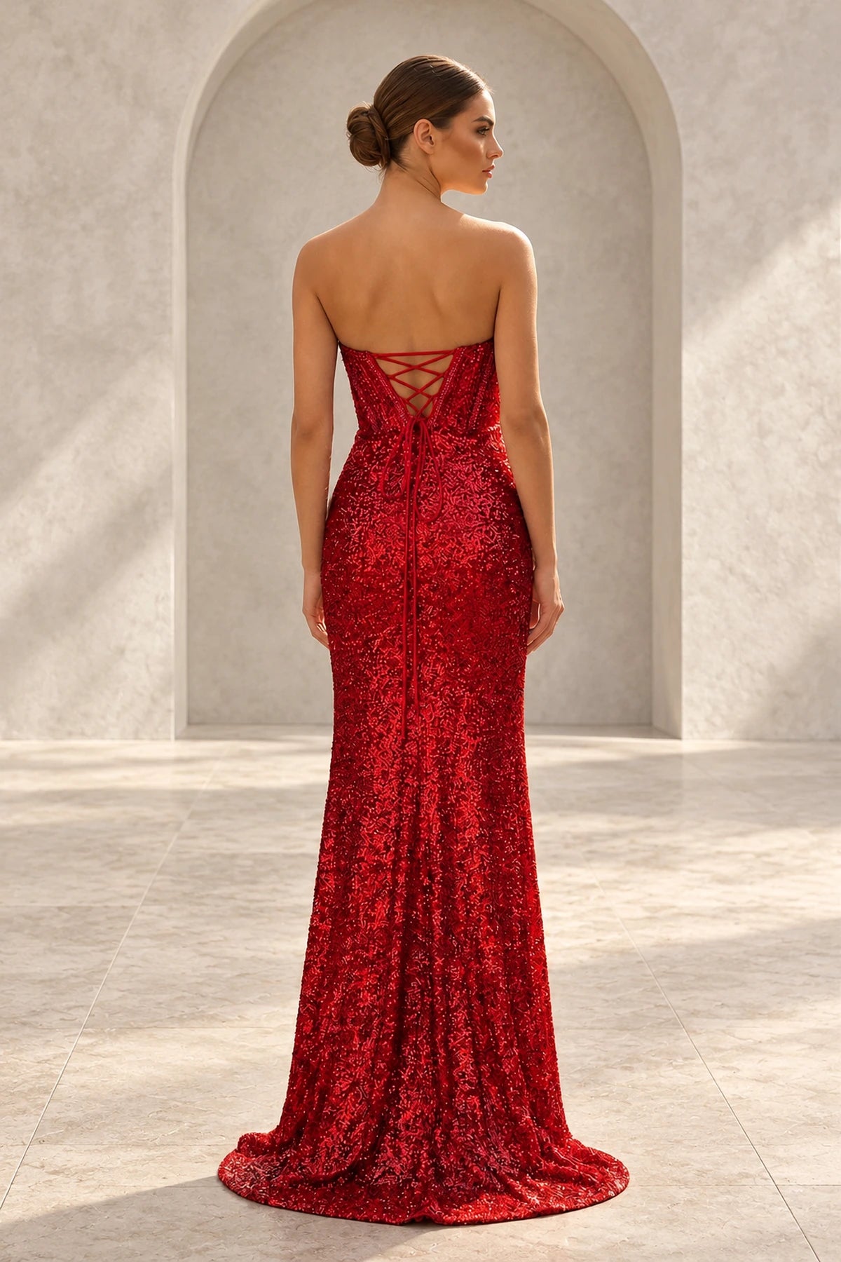 Elegant Sequin Mermaid Sweetheart Strapless Corset Lace-Up Back Prom Dress