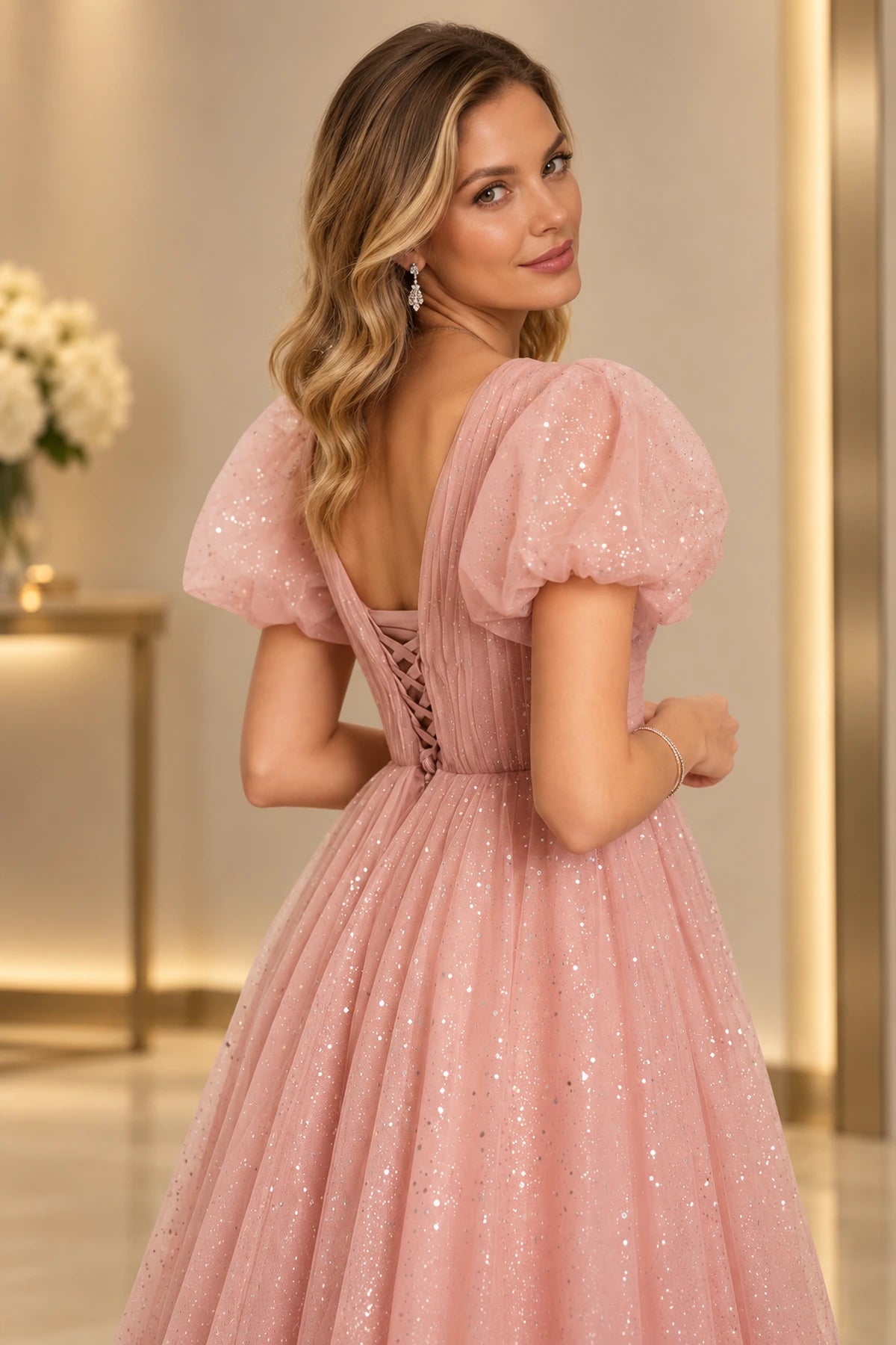 Dreamy A Line V Neck Puff Sleeve Lace Up Prom Dress