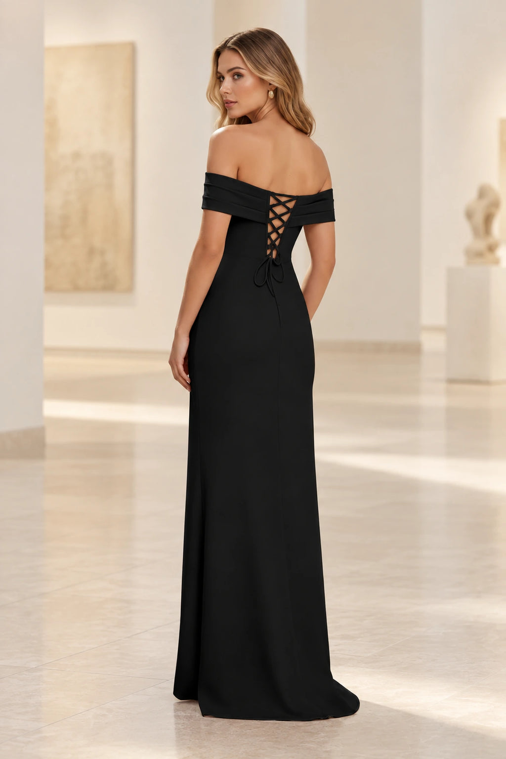 Elegant Sheath Off Shoulder Short Sleeve Lace-Up Back Long Prom Dress