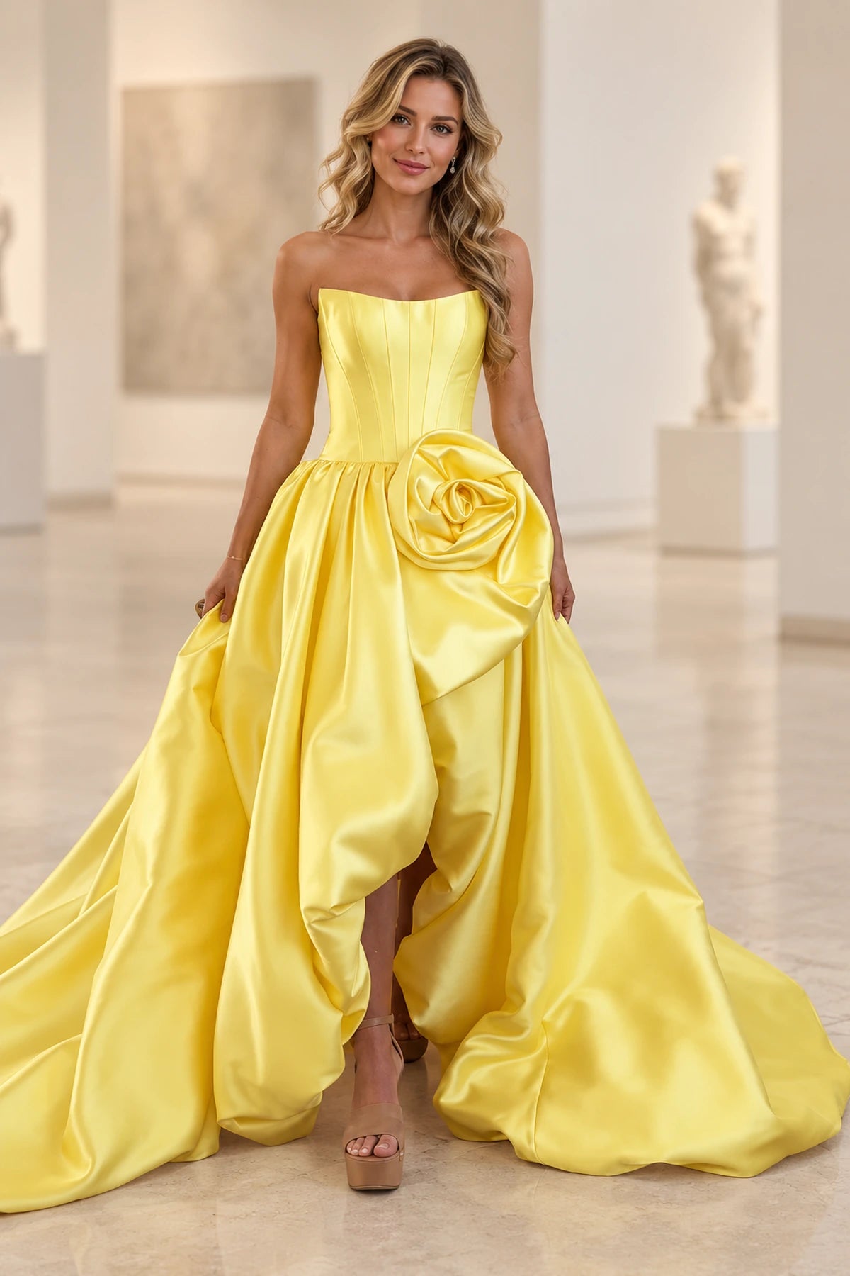 Dramatic Satin A Line Scoop Neck Strapless Long Prom Dress