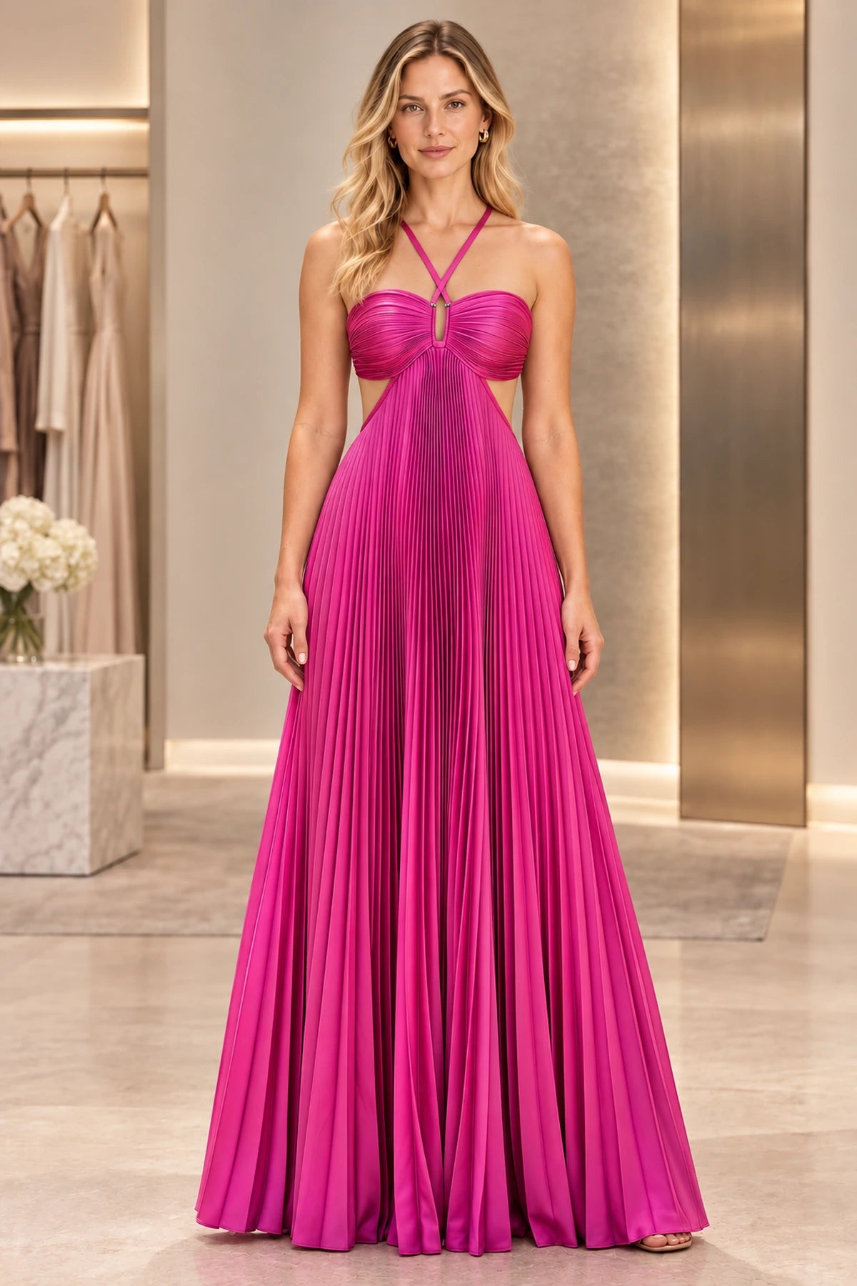 Elegant Satin A-Line Halter Sleeveless Tie-Back Floor-Length Prom Dress