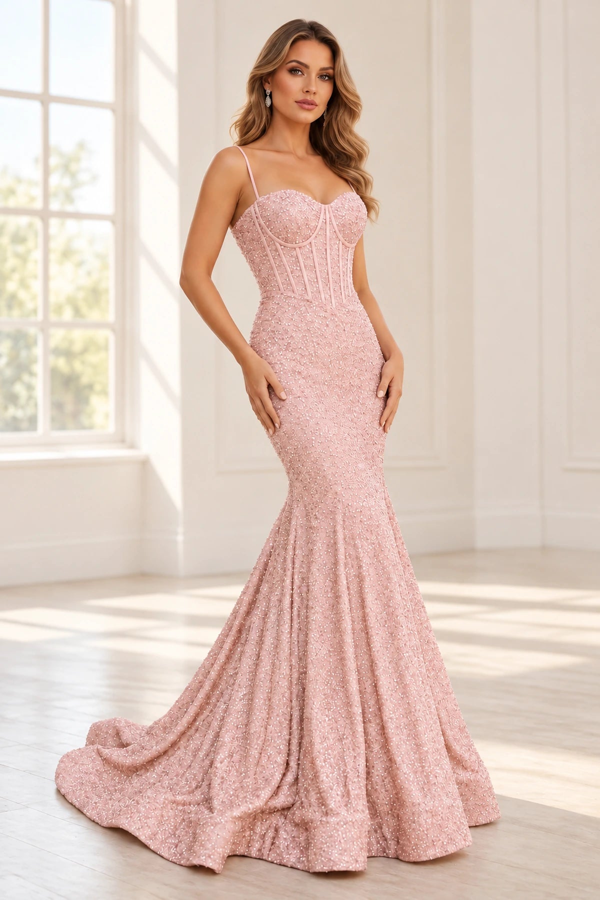 Glamorous Sequin Mermaid Sweetheart Spaghetti Strap Corset Lace-Up Back Prom Dress