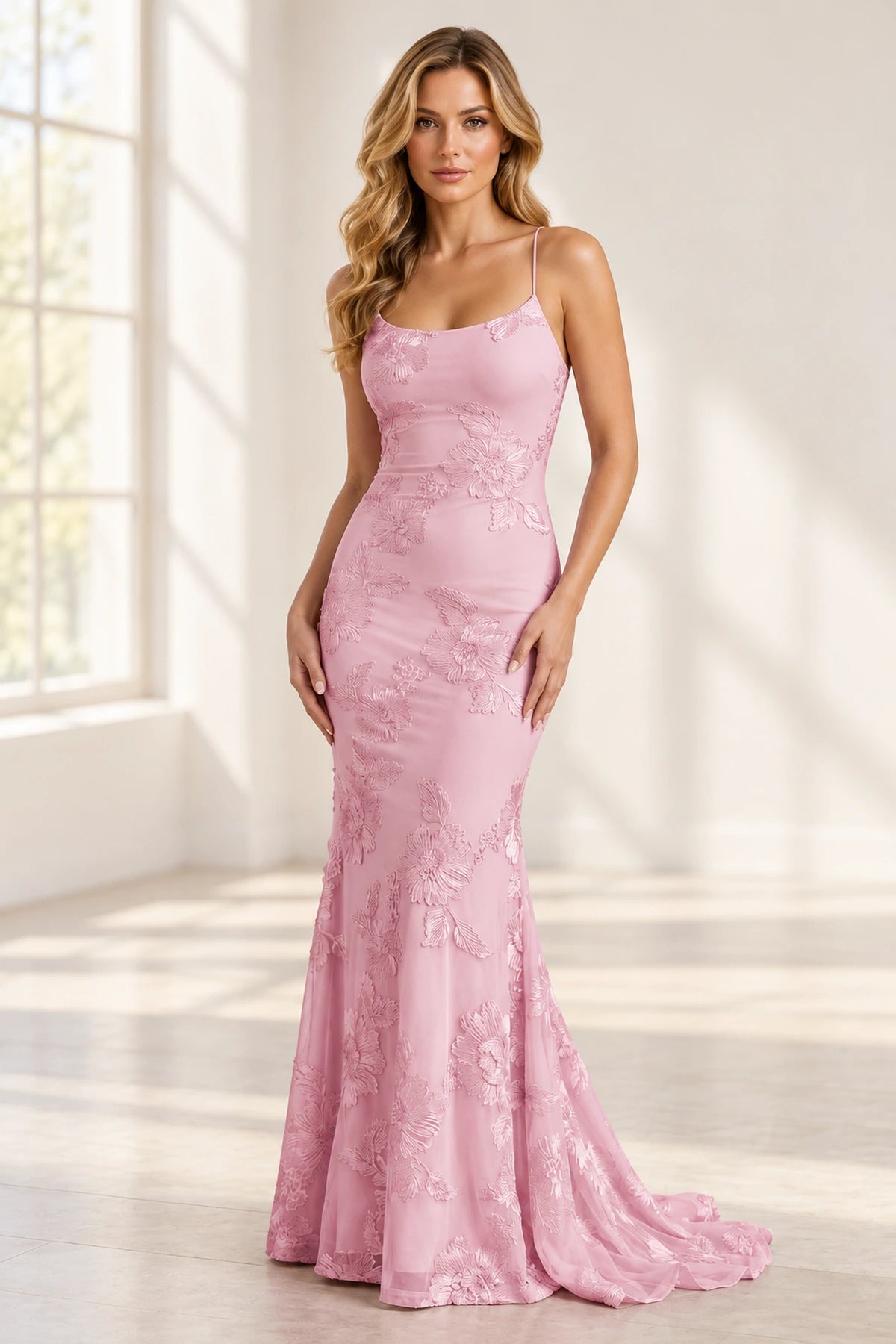 Elegant Floral Applique Mermaid Scoop Neck Spaghetti Strap Lace-Up Back Prom Dress