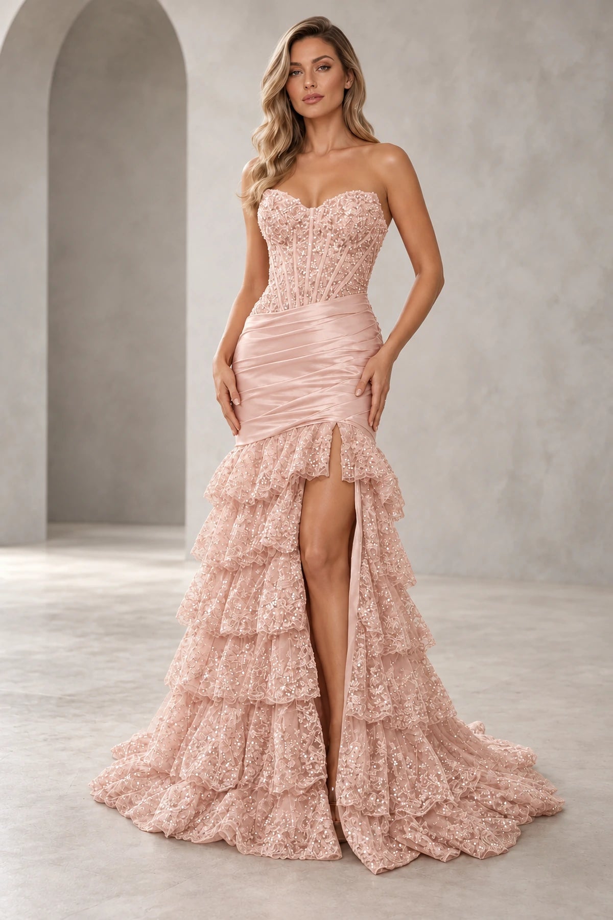 Glamorous Sequin Mermaid Sweetheart Strapless Corset Ruffle Prom Dress