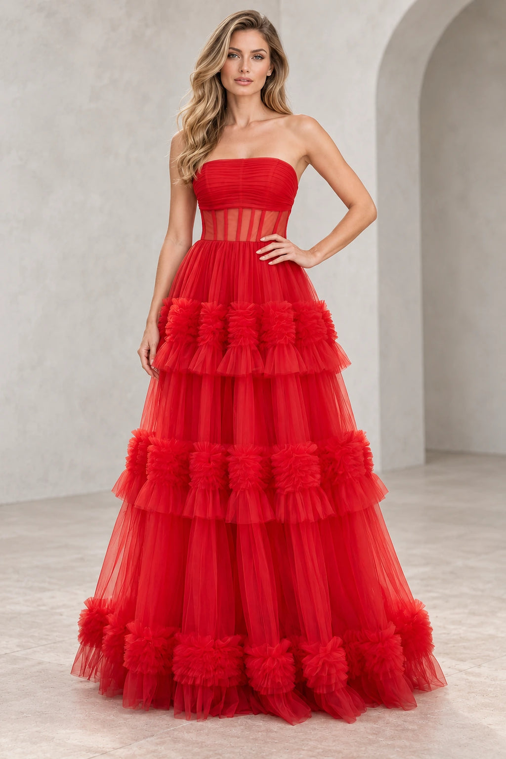 Dreamy Tulle A Line Straight Neck Strapless Tiered Long Prom Dress