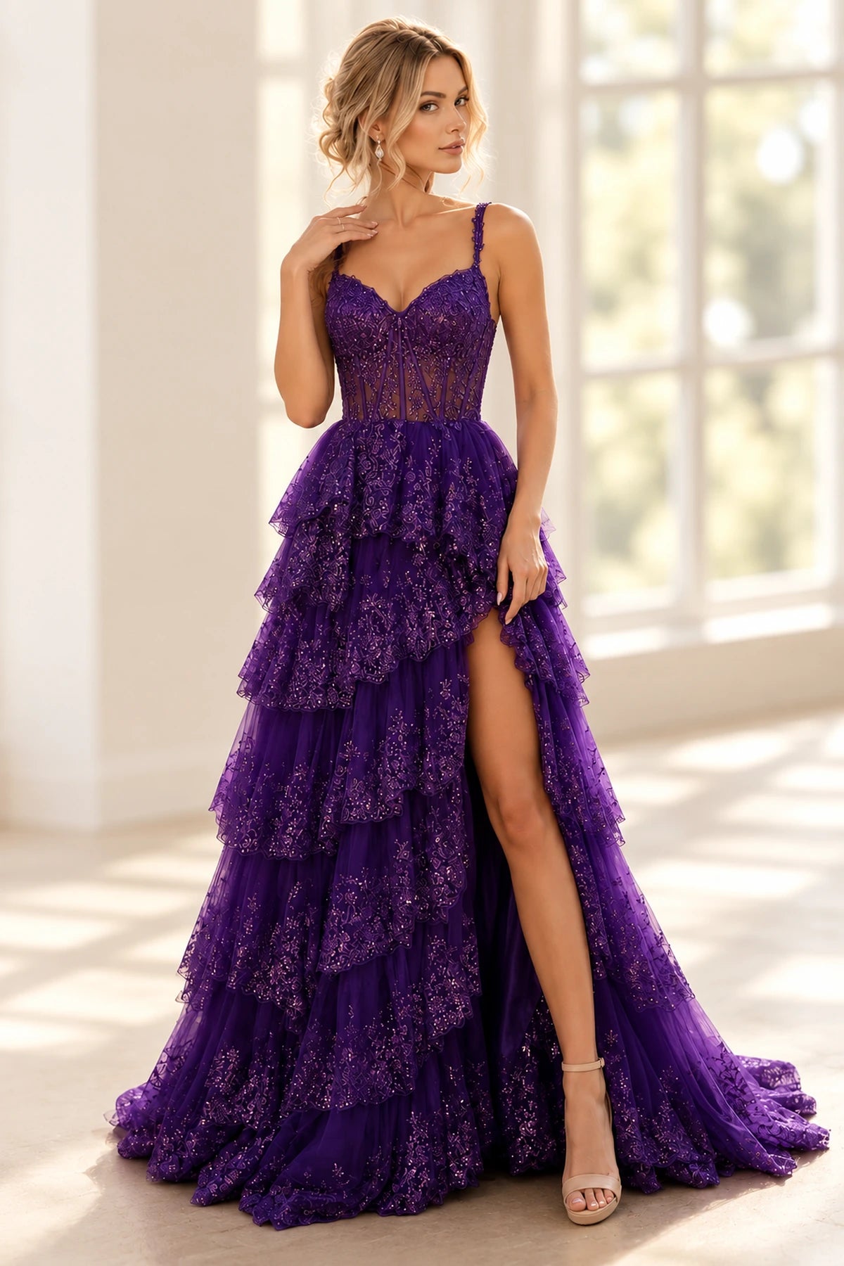 Elegant Tulle Floral Lace A-Line Sweetheart Corset Lace-Up Back Prom Dress