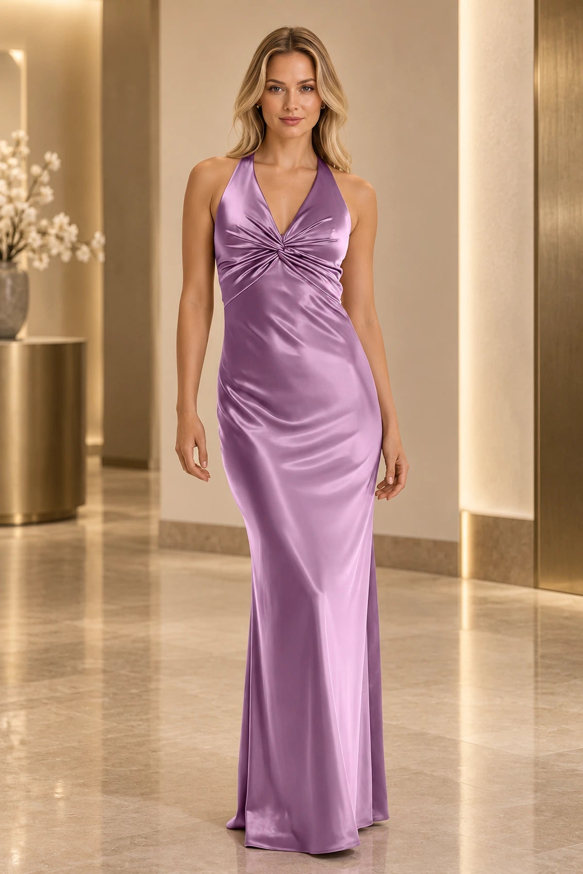 Refined Satin Sheath V Neck Halter Sleeveless Floor Length Prom Dress