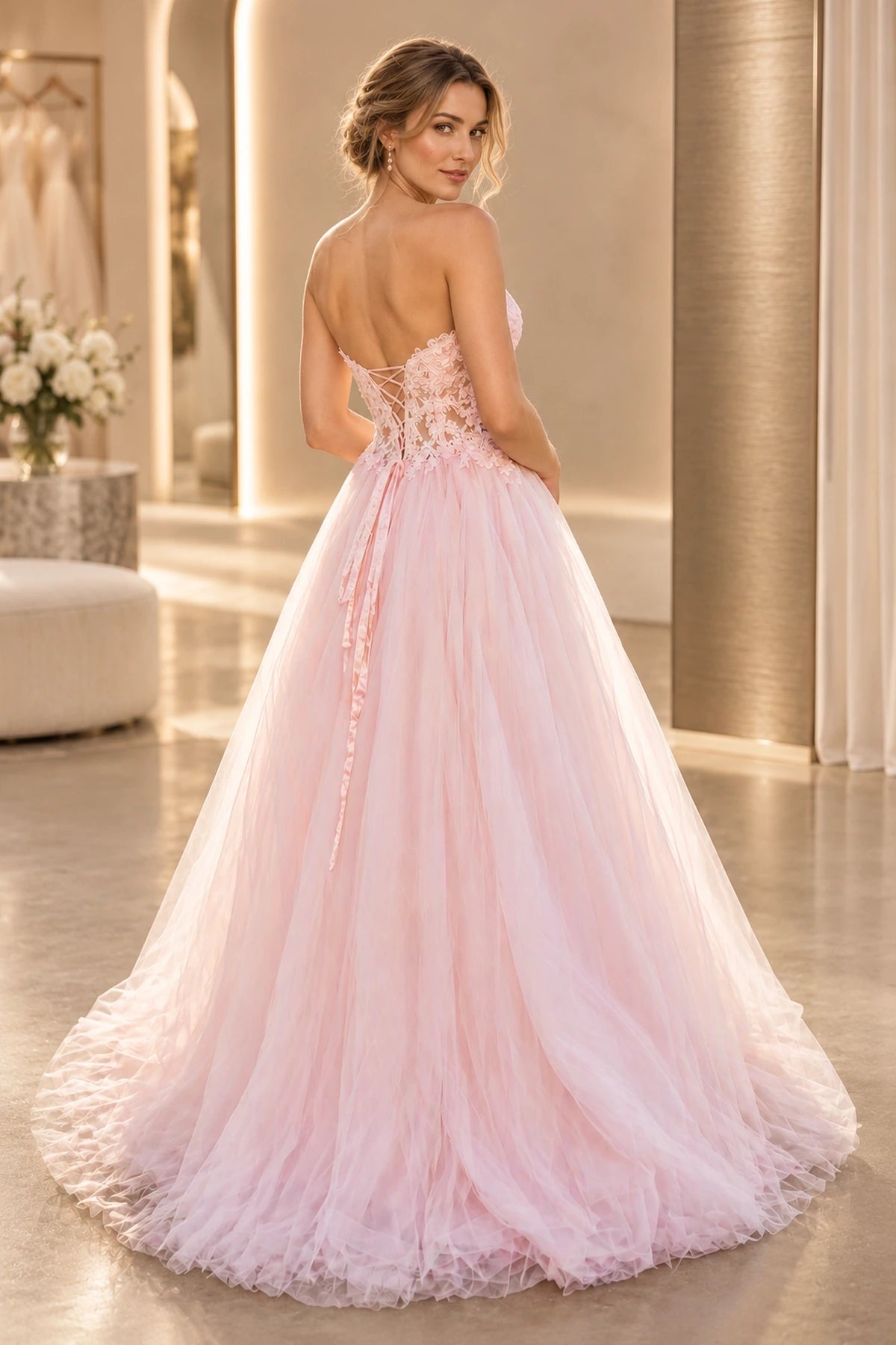Romantic Tulle A Line Sweetheart Strapless Floral Long Prom Dress
