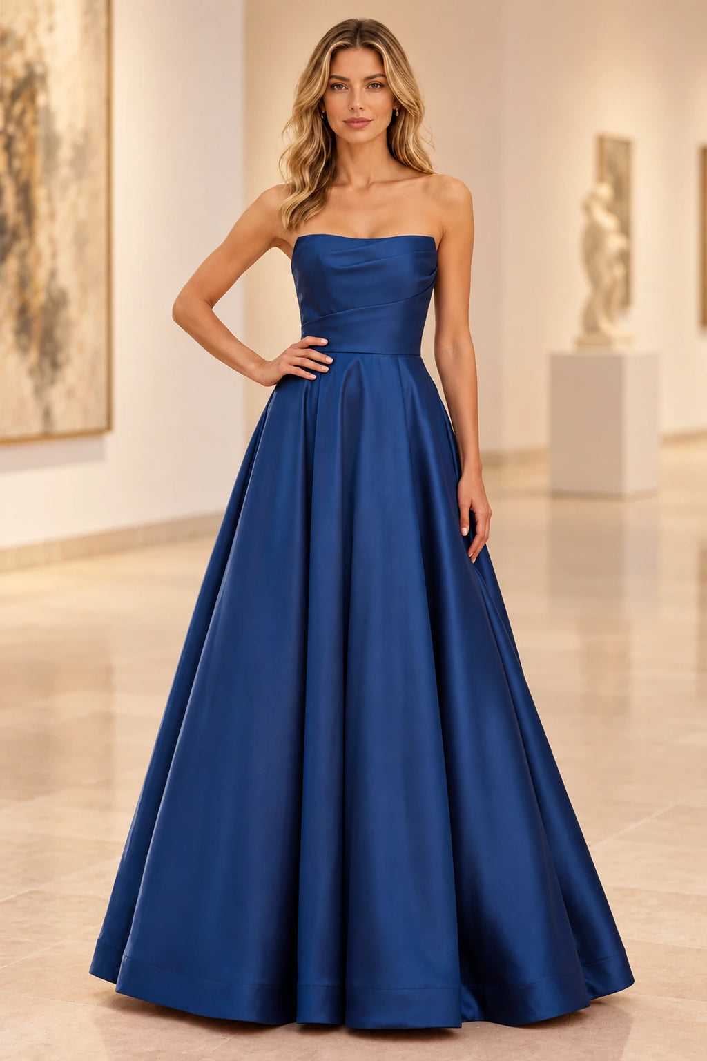 Chic Satin Look A Line Straight Neck Strapless Long Prom Dress