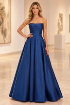 Chic Satin Look A Line Straight Neck Strapless Long Prom Dress