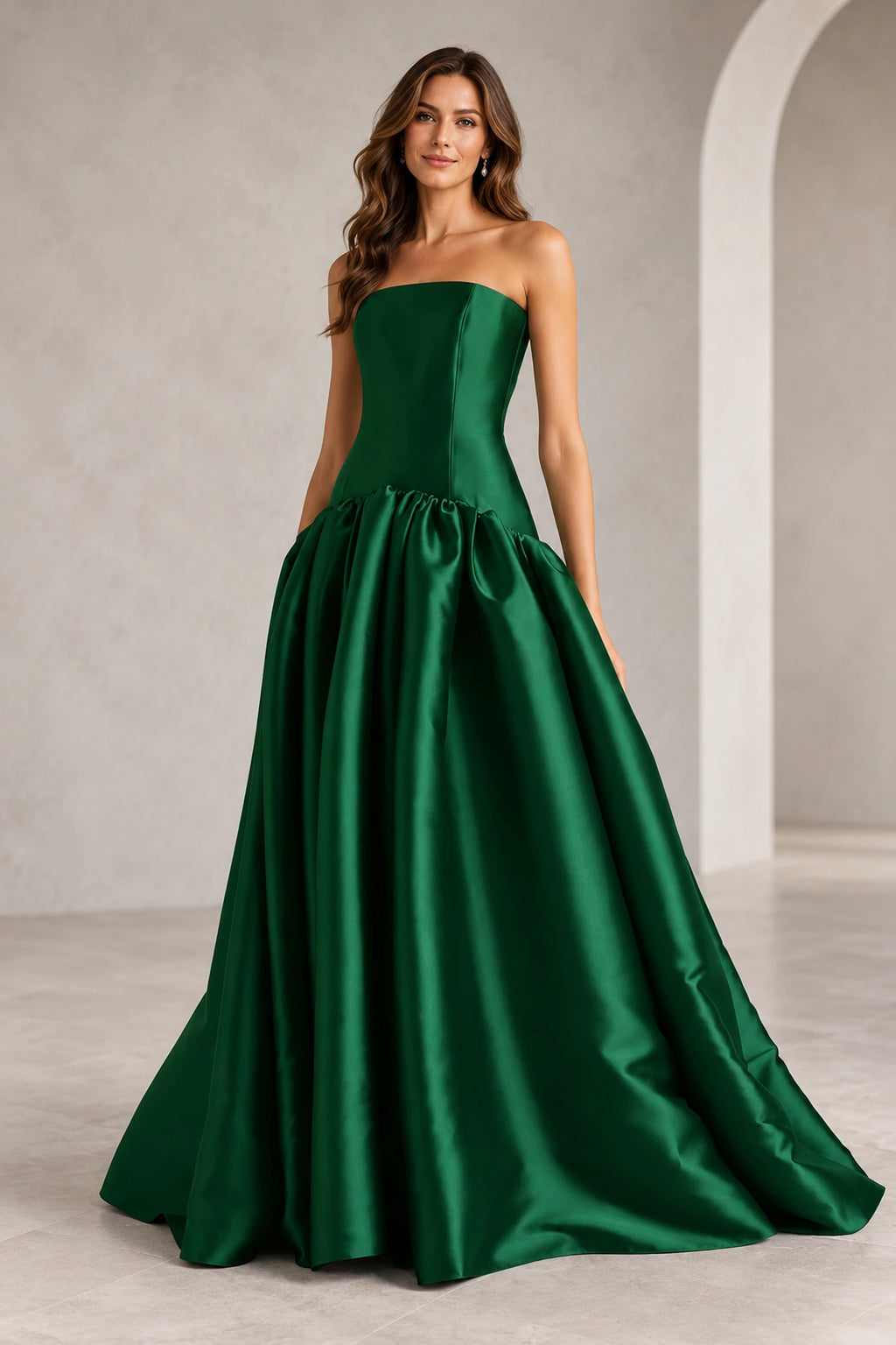 Romantic A Line Straight Neck Strapless Drop Waist Long Prom Dress