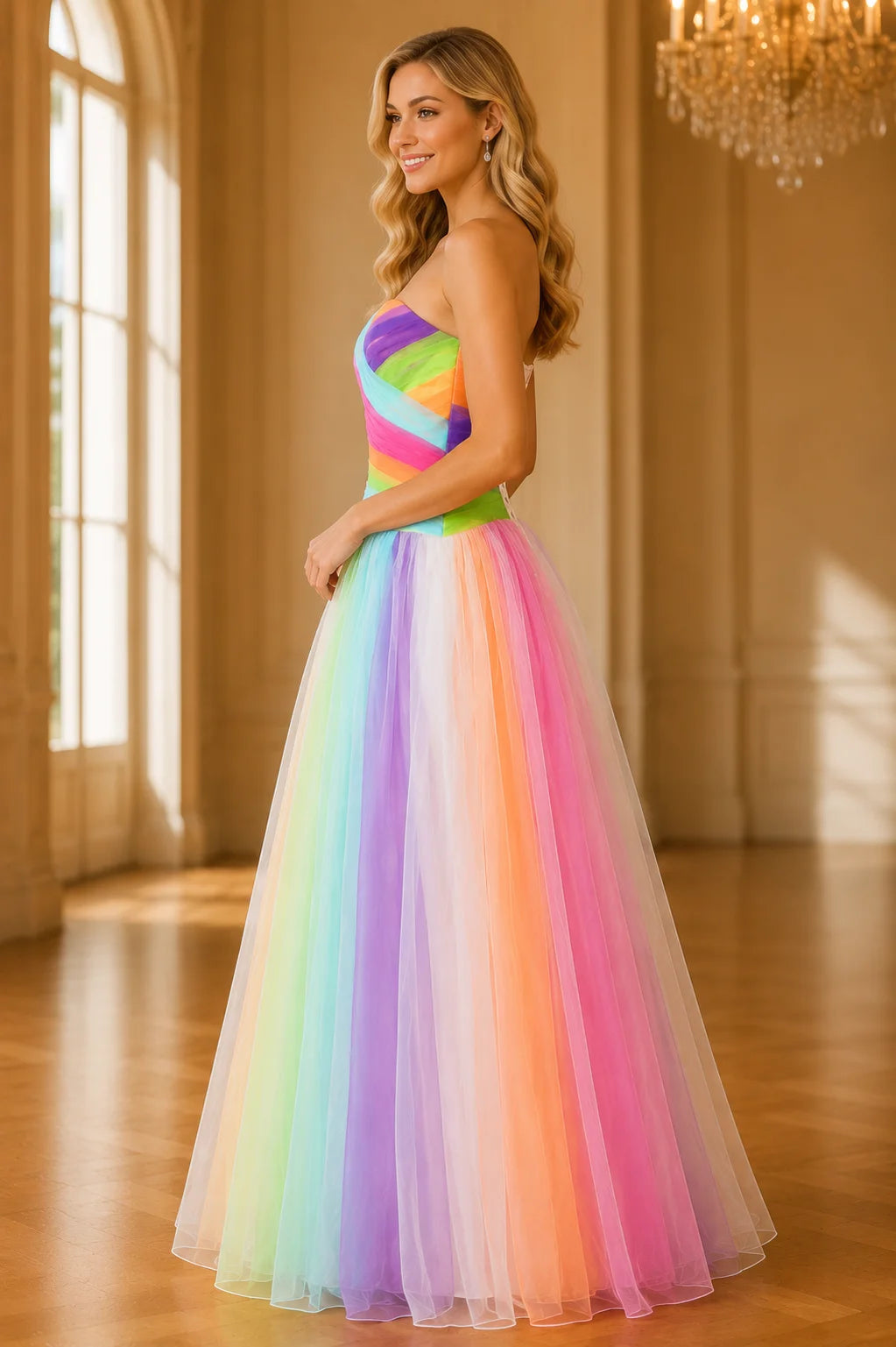 Rainbow Tulle Strapless Sweetheart Neck Long Ball Gown Prom Dress